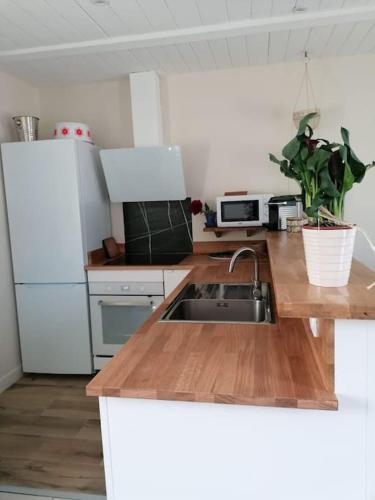 a kitchen with a sink and a wooden counter top at Charmante maison près de la mer in Asnelles
