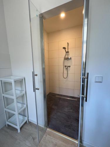 a shower with a glass door in a bathroom at Zentrale & flexible Unterkunft II in Wilhelmshaven