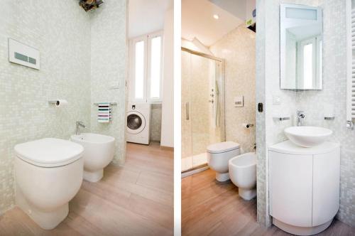 twee afbeeldingen van een badkamer met toilet en wastafel bij Design Apartment - Milano City Center - Duomo in Milaan