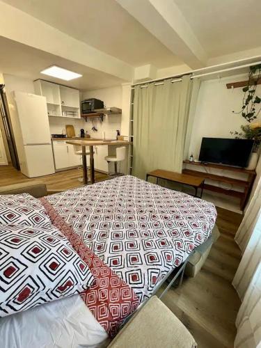 une chambre avec un lit et une cuisine avec une table dans l'établissement Studio centre historique à Carpentras, à Carpentras