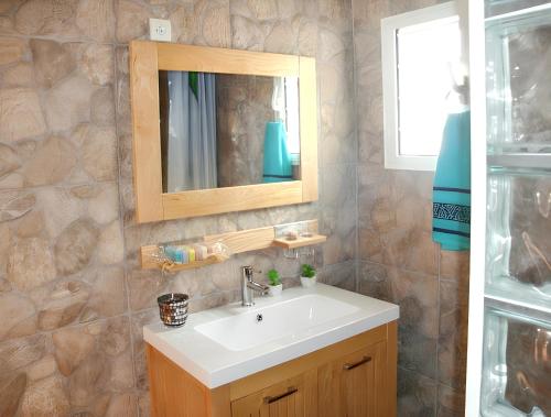 ein Bad mit einem Waschbecken und einem Spiegel in der Unterkunft Maison de 2 chambres avec vue sur la mer jardin clos et wifi a Saint Paul a 7 km de la plage in Saint-Paul