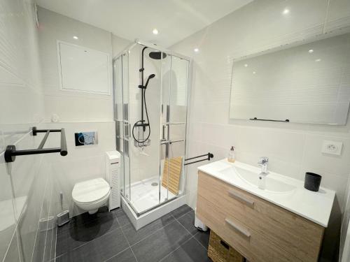 Un baño con ducha, inodoro y lavabo. en Ravissant T1 au bord de l'eau Juan Les Pins, en Antibes