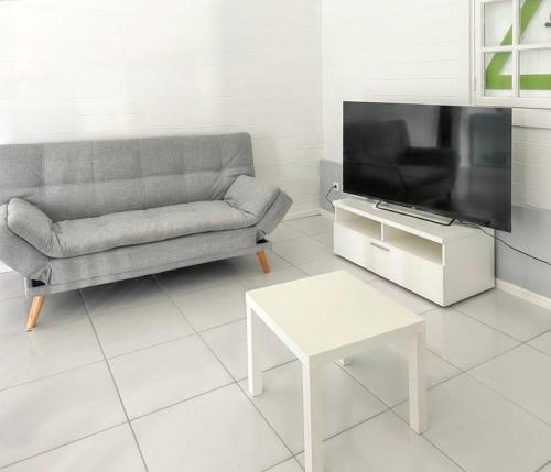 ein Wohnzimmer mit einem Sofa, einem TV und einem Tisch in der Unterkunft Maison de 2 chambres a Le Vauclin a 500 m de la plage avec jardin clos in Le Vauclin