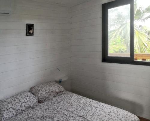 Bett in einem Zimmer mit Fenster in der Unterkunft Chalet de 2 chambres avec vue sur la mer jardin clos et wifi a Saint Leu in Saint-Leu