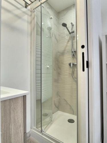 une douche avec une porte vitrée dans une salle de bain dans l'établissement La Palmeraie - Hyper Centre - Fibre, à Albi