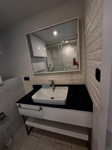 uma casa de banho com um lavatório e um espelho em Apartment In Orbi em Batumi