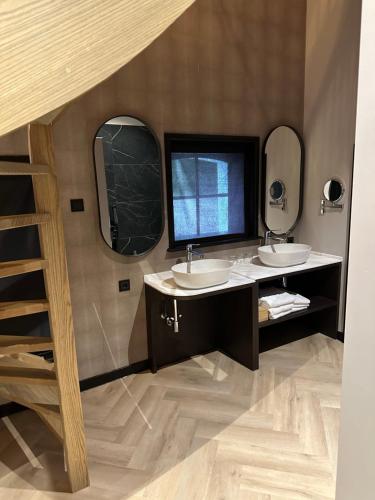 łazienka z 2 umywalkami i 2 lustrami w obiekcie Hotel Restaurant Het Witte Paard w mieście Delden