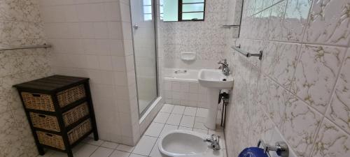 y baño con lavabo, ducha y aseo. en Secret Sithela, en Port Edward