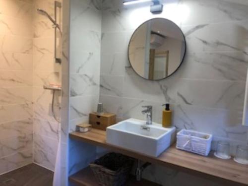 uma casa de banho com um lavatório e um espelho em DOMAINE LES VINYES em Pollestres