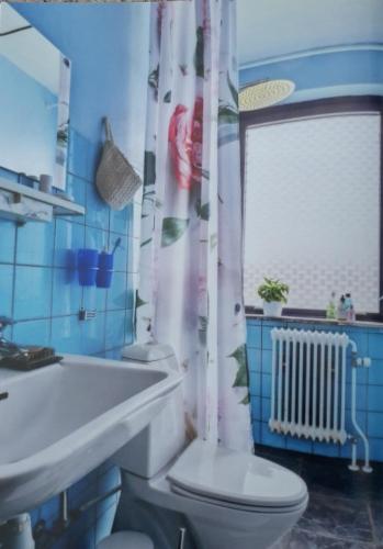 a bathroom with a toilet and a sink and a window at Casa Mundo Bed & Breakfast in Vejle