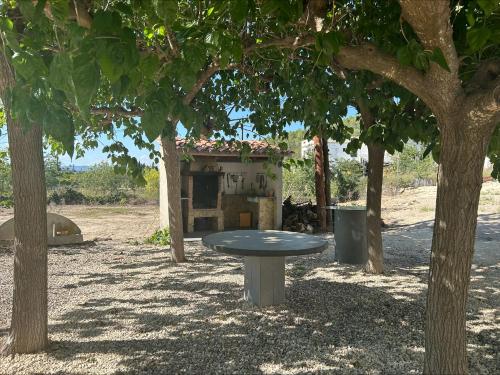 a picnic table in a park with trees at Masia Bernat in Tortosa