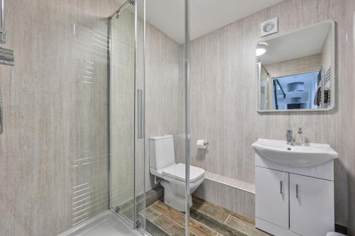 a bathroom with a toilet and a sink and a shower at Goonwinnow Farm Cottages in Newquay