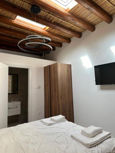 a bedroom with a bed with a television and a chandelier at AROMA DRYOS in Kato Drys