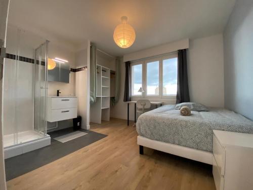 une chambre avec un lit et une salle de bain avec un lavabo dans l'établissement Grand appartement Standing reims centre Arena, à Reims