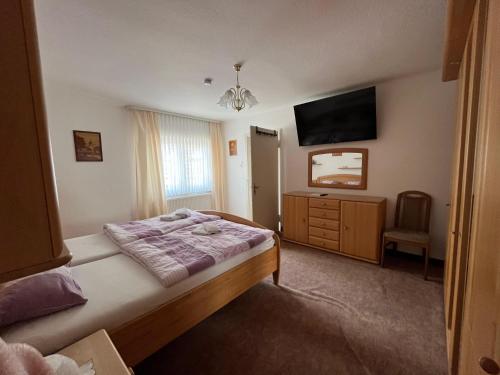 a bedroom with a bed and a flat screen tv at DG Ferienwohnung TLA Ramstein in Ramstein-Miesenbach