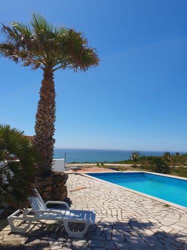a palm tree and two chairs next to a swimming pool at Vila Vistazul in Pataias