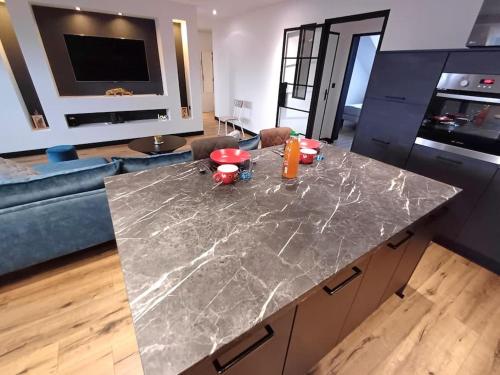 - une cuisine avec un comptoir en marbre dans le salon dans l'établissement Le Hermès, à Lorient