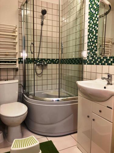 a bathroom with a toilet and a tub and a sink at Apartament Pod Piórkiem in Krościenko