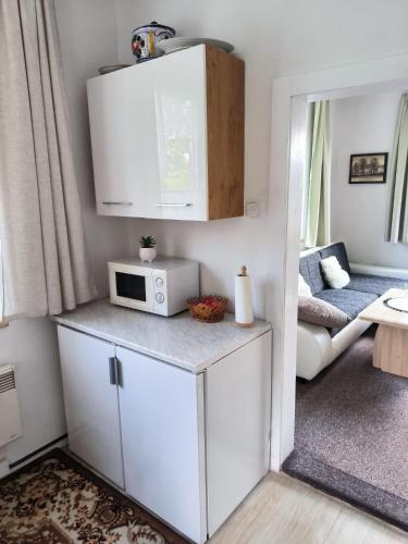 a kitchen with a microwave and a living room at Chata Rybná 18 in Pernink
