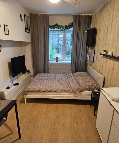 Schlafzimmer mit einem Bett und einem Fenster in der Unterkunft Smulik Flat 21 in Warschau