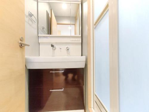 東京にある41池袋最中心 两室一厅 池袋站10分 2 rooms Ikebukuro center 10 mins to ST Max 5P 直达新宿 涉谷 表参道 池袋 上野 代代木 银座 原宿の白い洗面台と鏡のあるバスルーム