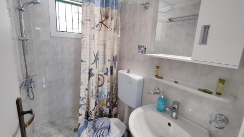 a bathroom with a toilet and a shower and a sink at Captain's House in Sivota