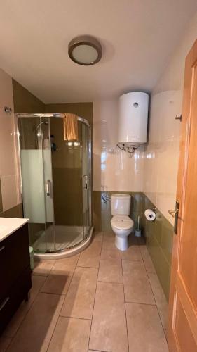 a bathroom with a glass shower and a toilet at CA LIDIA - Apartamentos Turisticos EL BALCONET in Benimantell