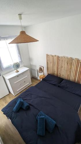 une chambre avec un lit bleu avec des oreillers bleus dans l'établissement Les voisins de l'hippodrome, à Pornichet