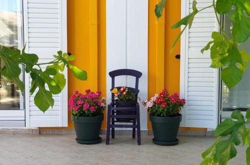 a blue chair sitting in front of a house with flowers at TheYellow House Fully Equipped 2BR apartment in Pilaroú