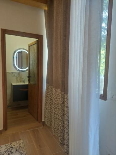 a bathroom with a mirror and a door with a mirror at Guesthouse Alberti Llogara in Shalë