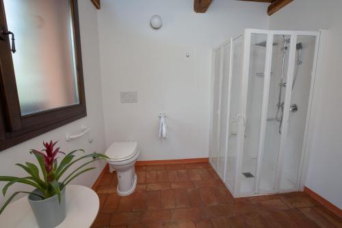 a bathroom with a toilet and a glass shower at Il Casale-toscoemiliano in Camugnano