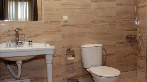a bathroom with a toilet and a sink at Хотел Хилез Hotel Hilez in Tryavna