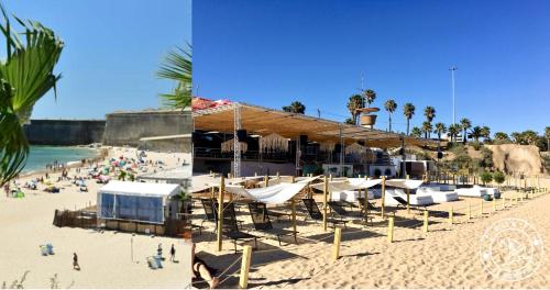 a beach with a building and people on the sand at Boat n Breakfast in Oeiras