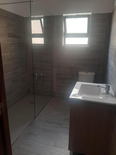a bathroom with a shower and a sink and a toilet at Casa dos Pais in Odeceixe