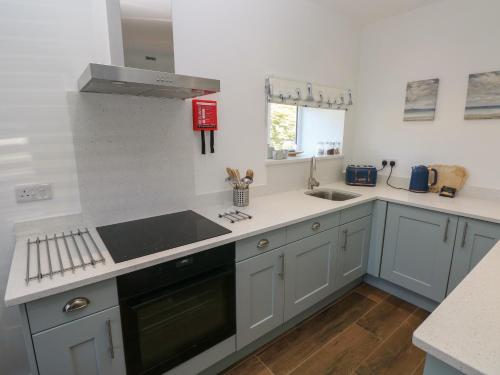 a kitchen with a sink and a stove top oven at Gwynfryn in Swansea