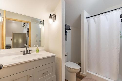 a bathroom with a sink and a toilet and a shower at Gold VC Custer`s Loft in Custer