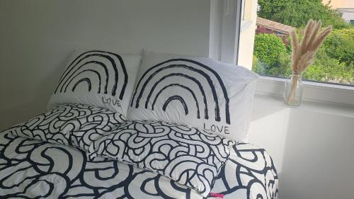 - un canapé blanc avec une couverture et une fenêtre dans l'établissement Appartement moderne Strasbourg, à Strasbourg