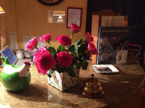 a vase of pink roses sitting on a table at Clos des Iris in Moustiers-Sainte-Marie