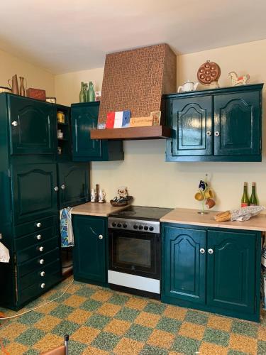une cuisine verte avec des placards bleus et une cuisinière dans l'établissement Byhus - det genuina Frankrike, à Laurens