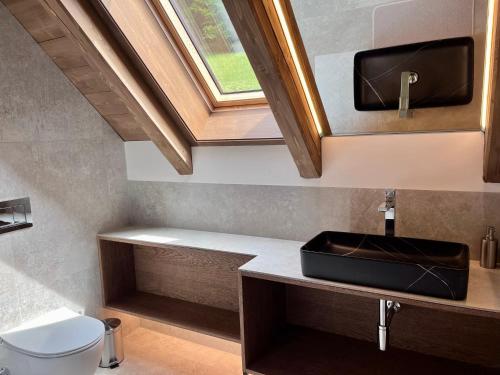 a bathroom with a sink and a skylight at Roubenka Pod hvězdami in Strážné