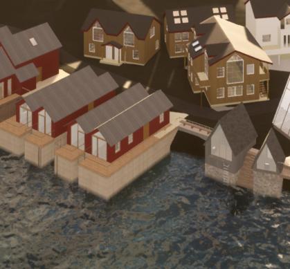 a model of a house and a house in the water at Reinefjorden Sjøhus in Reine