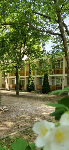 巴拉頓城堡的住宿－PSZ Hotel Beach Földvár，前面有树木的大建筑