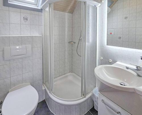 ein Bad mit einer Dusche, einem WC und einem Waschbecken in der Unterkunft Ferienhaus am See im Bergland "Schmetterling" in Kirchheim