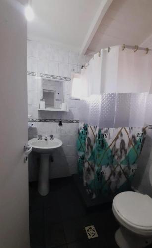 a bathroom with a sink and a toilet with a shower curtain at Estrellas del Sur in Río Gallegos