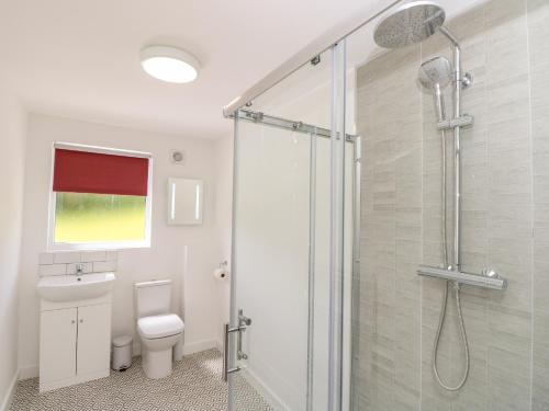 uma casa de banho com um WC e uma cabina de duche em vidro. em Claret em Ryde