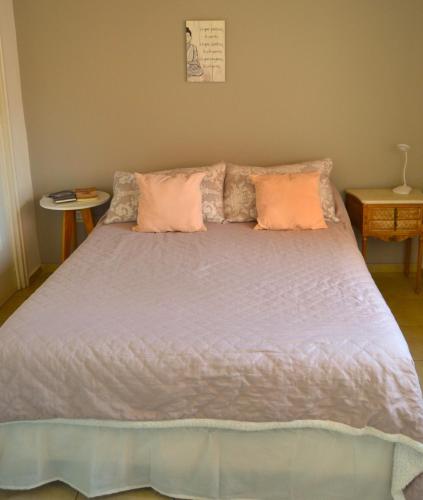 a bed with two pink pillows on top of it at MendoApart completo con cochera in La Cieneguita