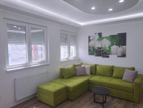 Renome apartmani في بانيا كوفيلياتشا: غرفة معيشة مع أريكة خضراء ونوافذ