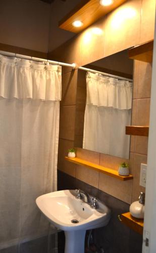 a bathroom with a white sink and a mirror at MendoApart completo con cochera in La Cieneguita