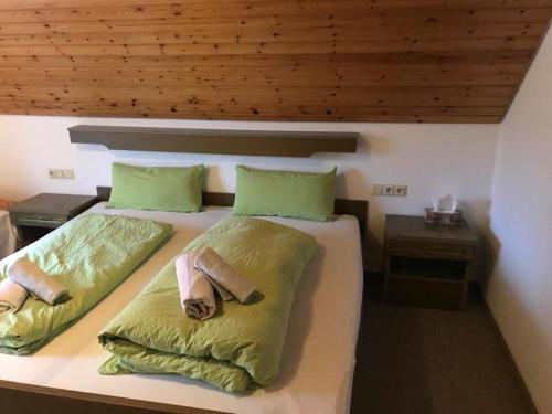 a bedroom with two beds with green pillows at Haus Imgard in Lenzkirch