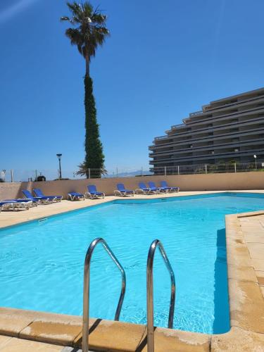 - une piscine avec un palmier et des chaises dans l'établissement location les pieds dans l'eau, à Canet